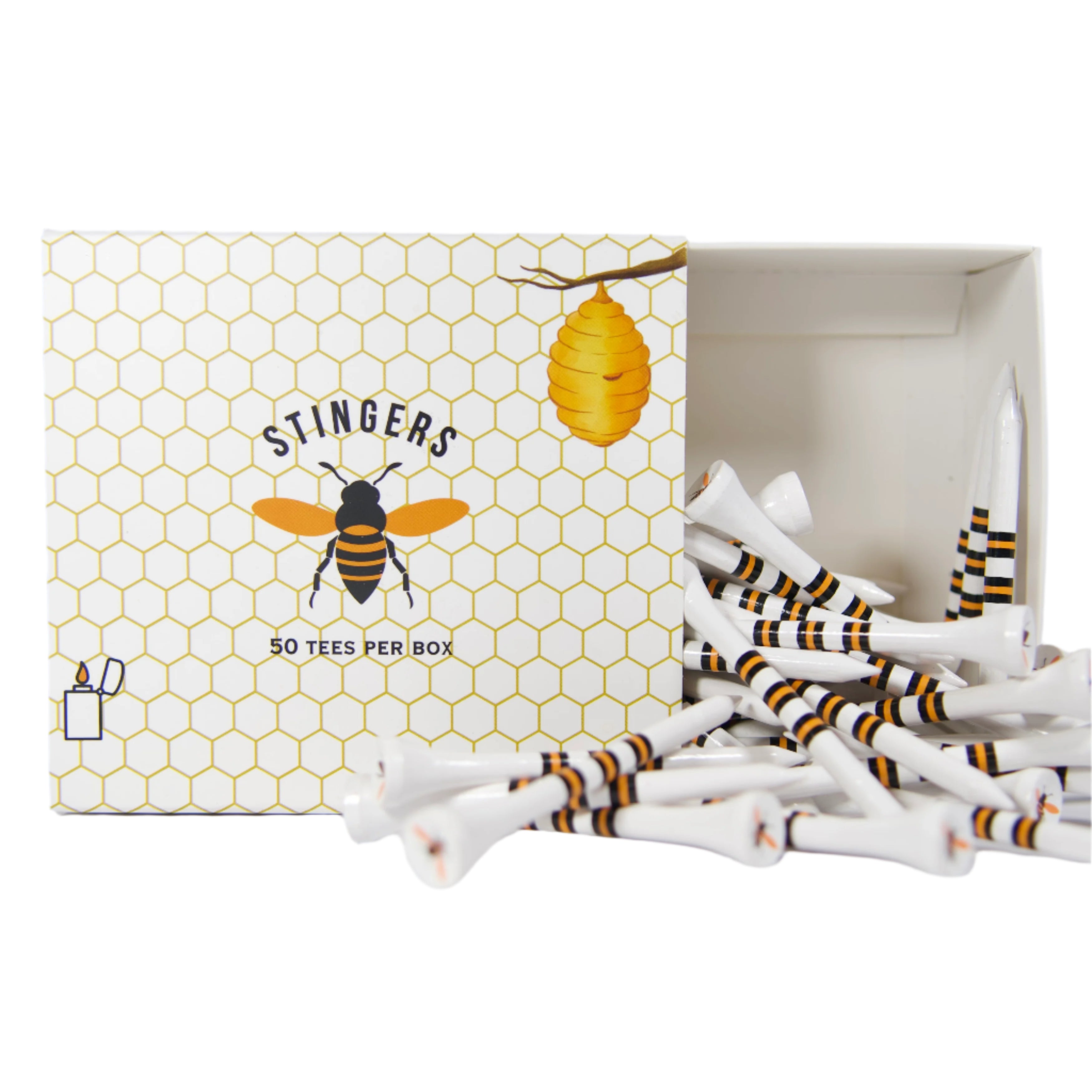 Box of Stingers golf tees with a bee and honeycomb design on a white background