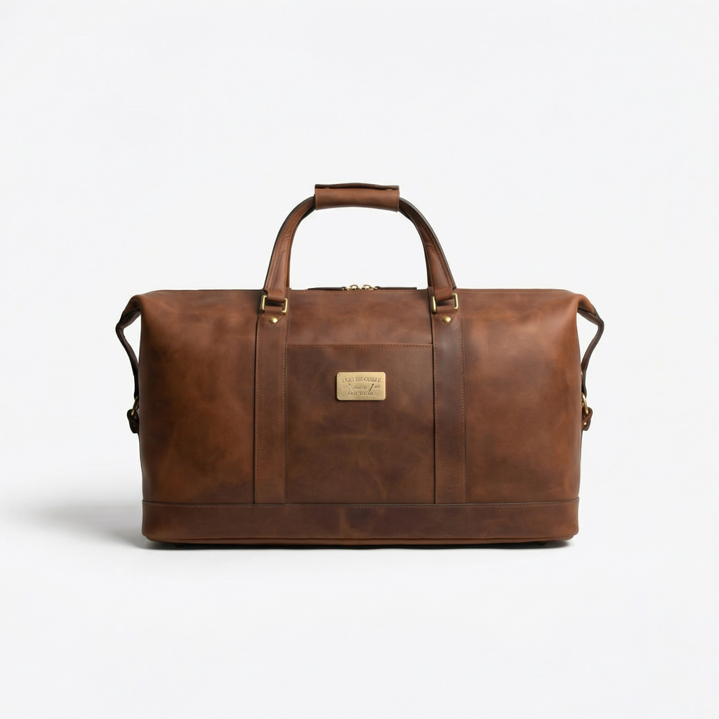 Brown leather duffel, Light The Candle Tees