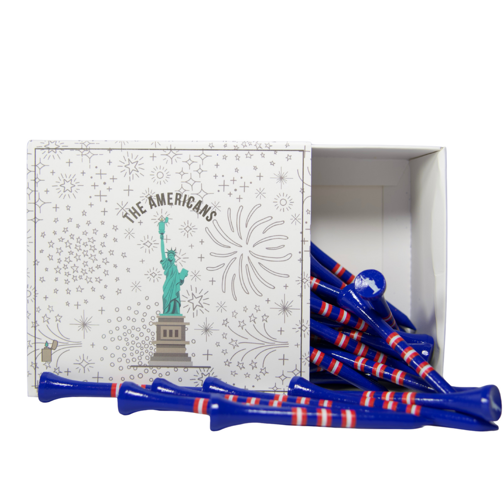 Box of 'The Americans' golf tees with blue and red stripes